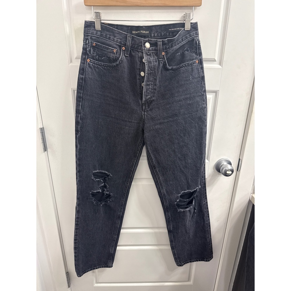 Denim Forum The Joni High Rise Loose Jeans Washed Black Distressed Size 26
